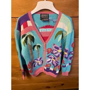 BEREK Hand Knit Pima Cotton Tropical Beach Cardigan Sweater Med Vintage 1989